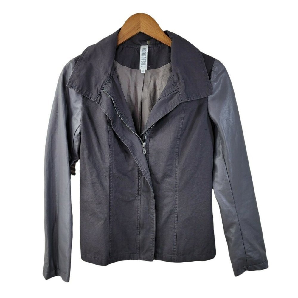 Monoreno Moto Jacket Size XS Zip Up Faux Leather Sleeve Canvas Grey gray